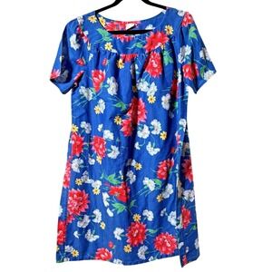 Vintage 70s Hedy Lin Casuals Hawaiian Shirt Dress Blue Floral Short Sleev‎